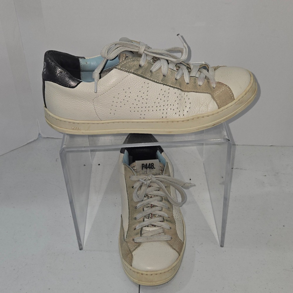 P448 John White Leather Low Top Sneakers Metallic Heel Suede Trim Size 40